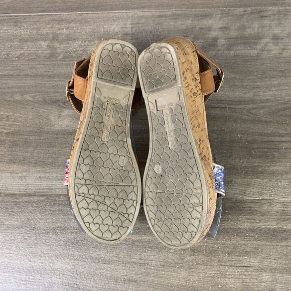 American Eagle Womens Sandals Size 6 Ankle Strap Wedge Heels Open Toe Brown - Picture 9 of 10